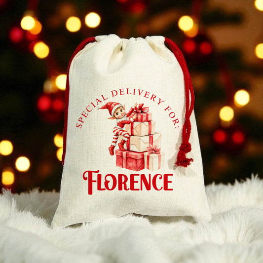 Mini Christmas Sack- Elf Climbing Presents Design