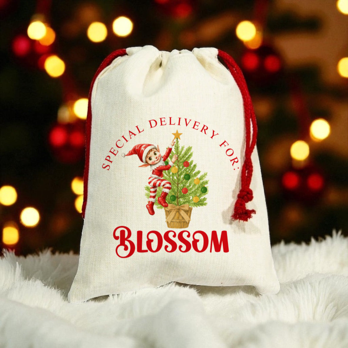 Mini Christmas Sack- Elf Climbing a Tree Design