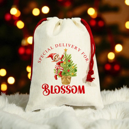 Mini Christmas Sack- Elf Climbing a Tree Design