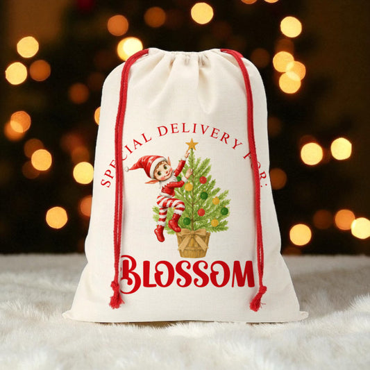 Large Christmas Sack- Elf Climbing a Tree Design