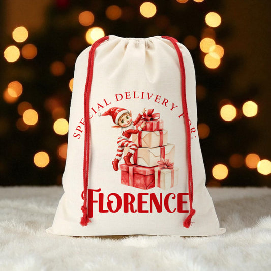 Large Christmas Sack- Elf Climbing Presents Design