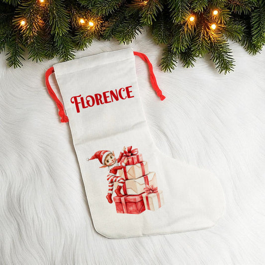 Stocking- Elf Climbing Presents Design
