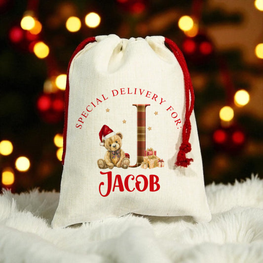 Mini Christmas Sack- A-Z Tartan Bear Design