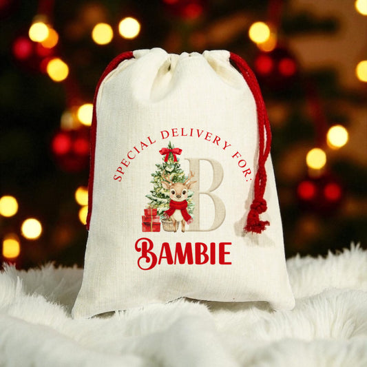 Mini Christmas Sack- A-Z Red Reindeer Design
