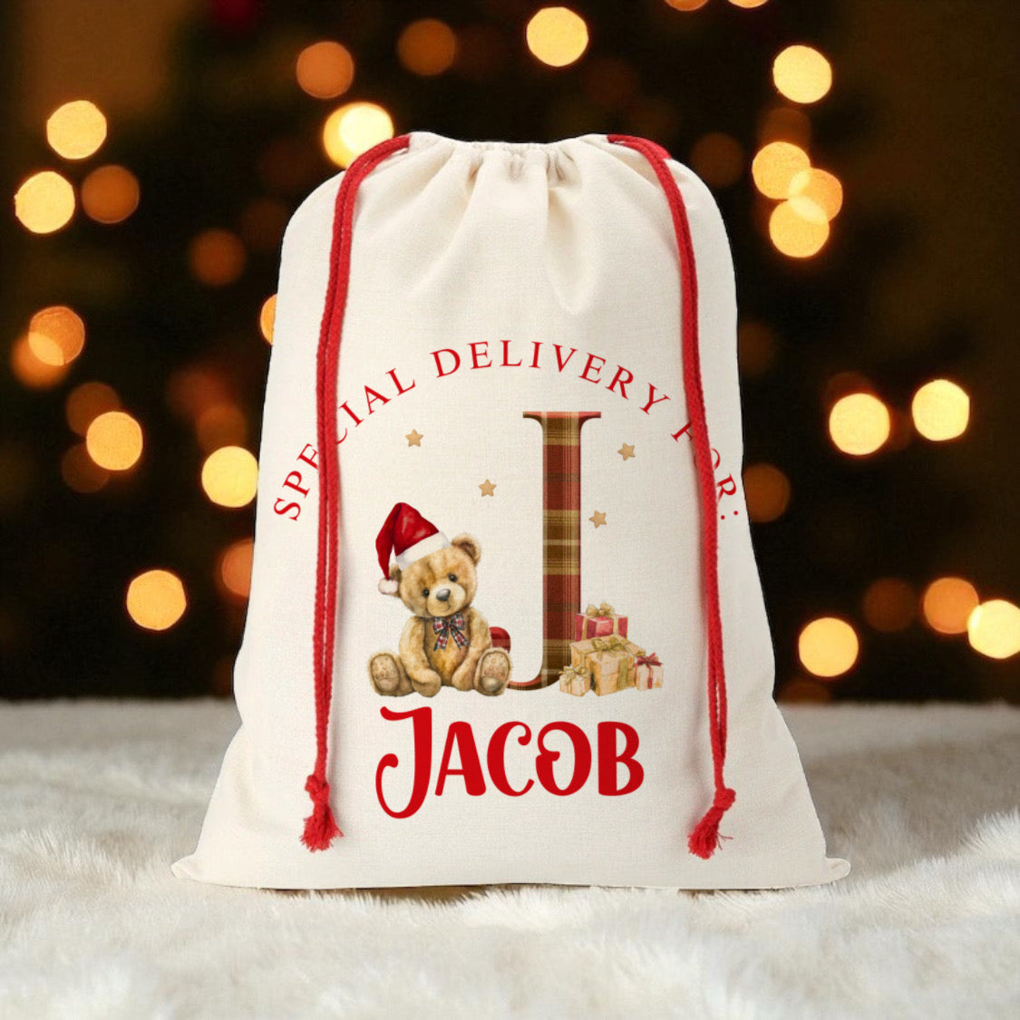Large Christmas Sack- A-Z Tartan Bear Design