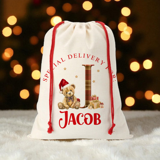 Large Christmas Sack- A-Z Tartan Bear Design
