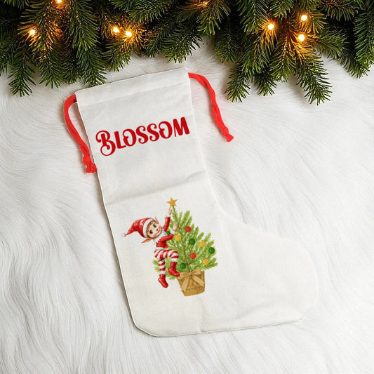 Stocking- Elf Climbing a Tree Design